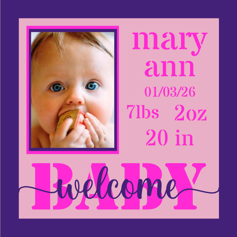Welcome Baby Mary Ann SVG with custom name, time, weight, and height for baby's bedroom photo keepsake